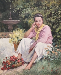 Mujer sentada en el jardín